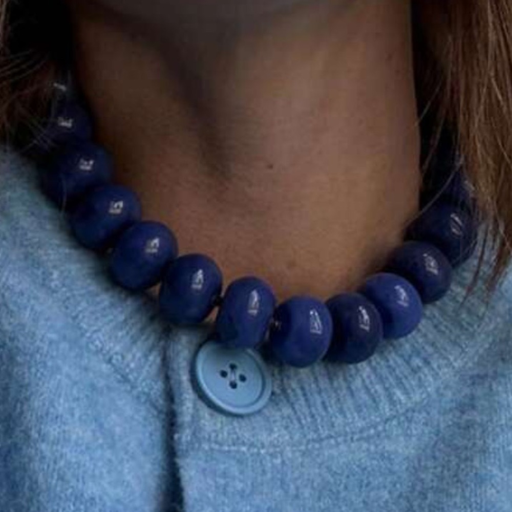 New! Deep Navy Resin Dopamine Marbled Beaded Chunky Statement Necklace Choker - Picture 4 of 11